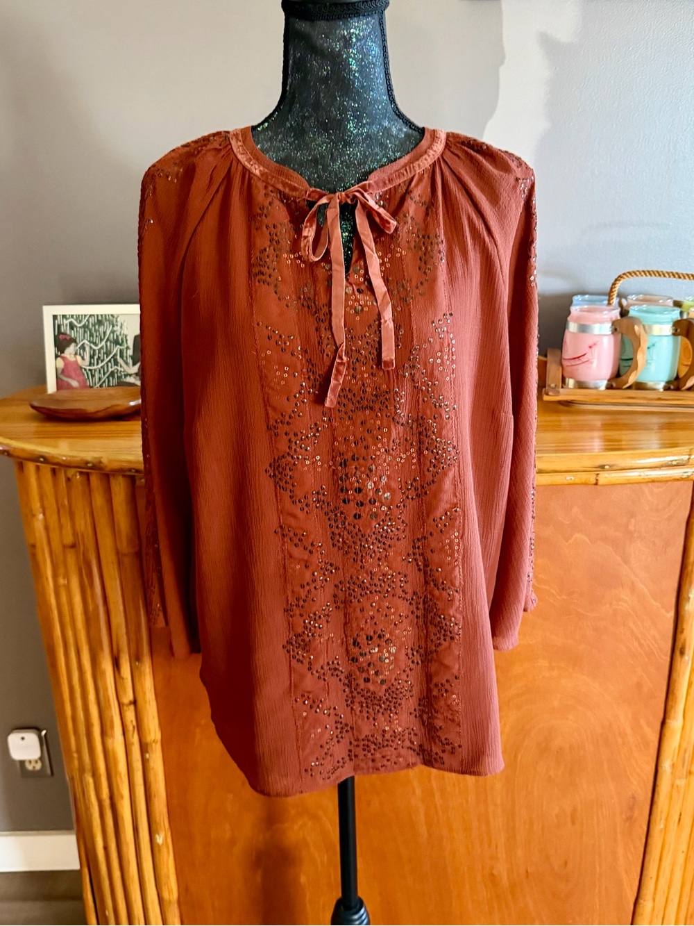 Chico's Crinkled Texture Sequins Blouse in Rust - Picture 2 of 13